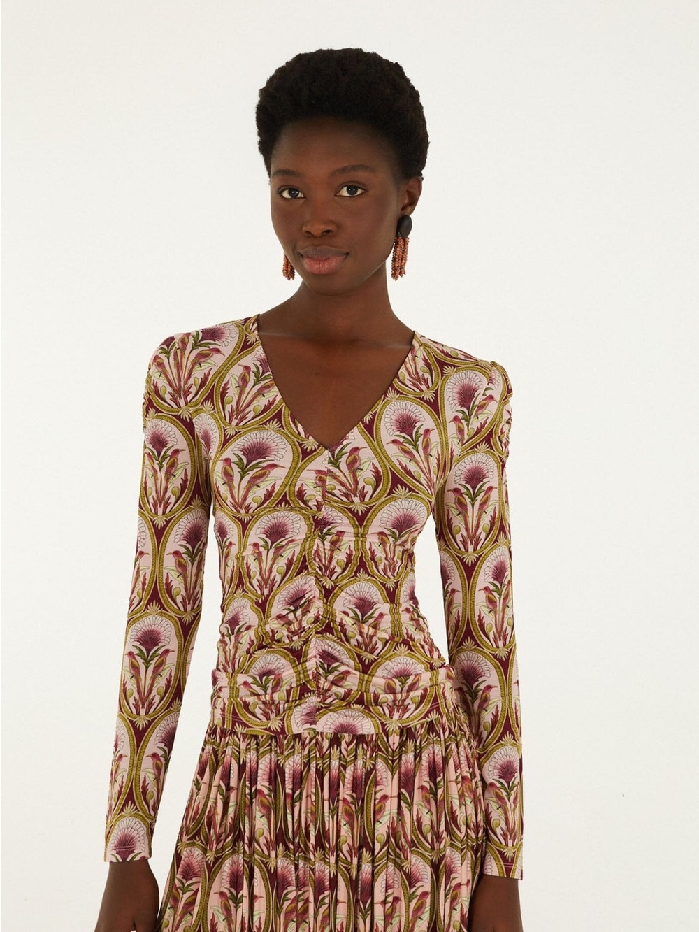 FARM Rio Garden Medal Long Sleeve Jersey Blouse Pink and Olive V-Neck Ruched Lon